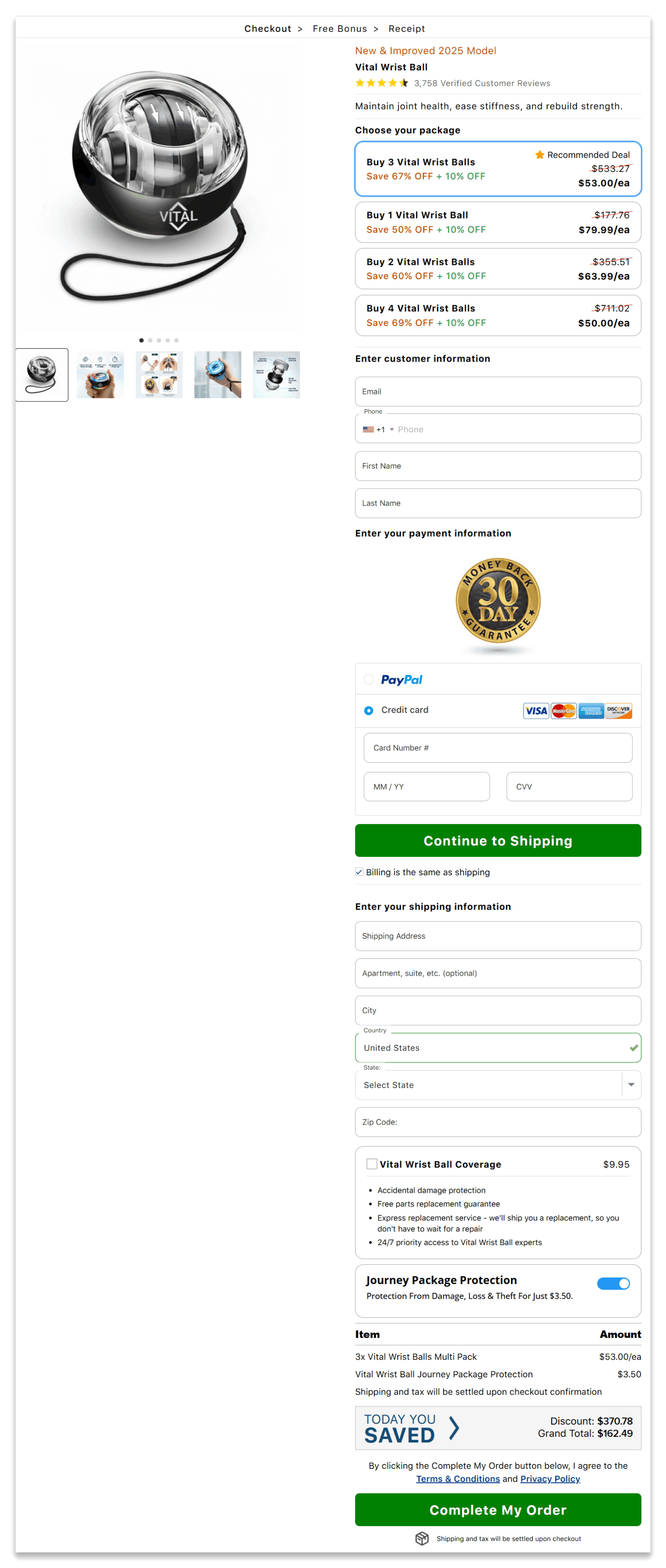 Vital Wrist Ball secure checkout page